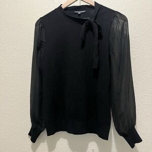 Adrianna Papell Tie Neck Puff Sheer Long Sleeve Women XS Black Preppy Whimsigoth